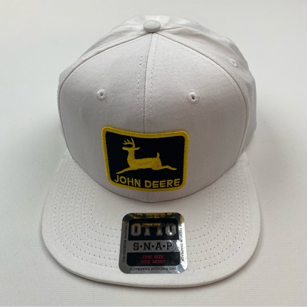 Otto John Deere Embroidered Patch Trucker Flat Bill Snapback Solid Hat Cap White